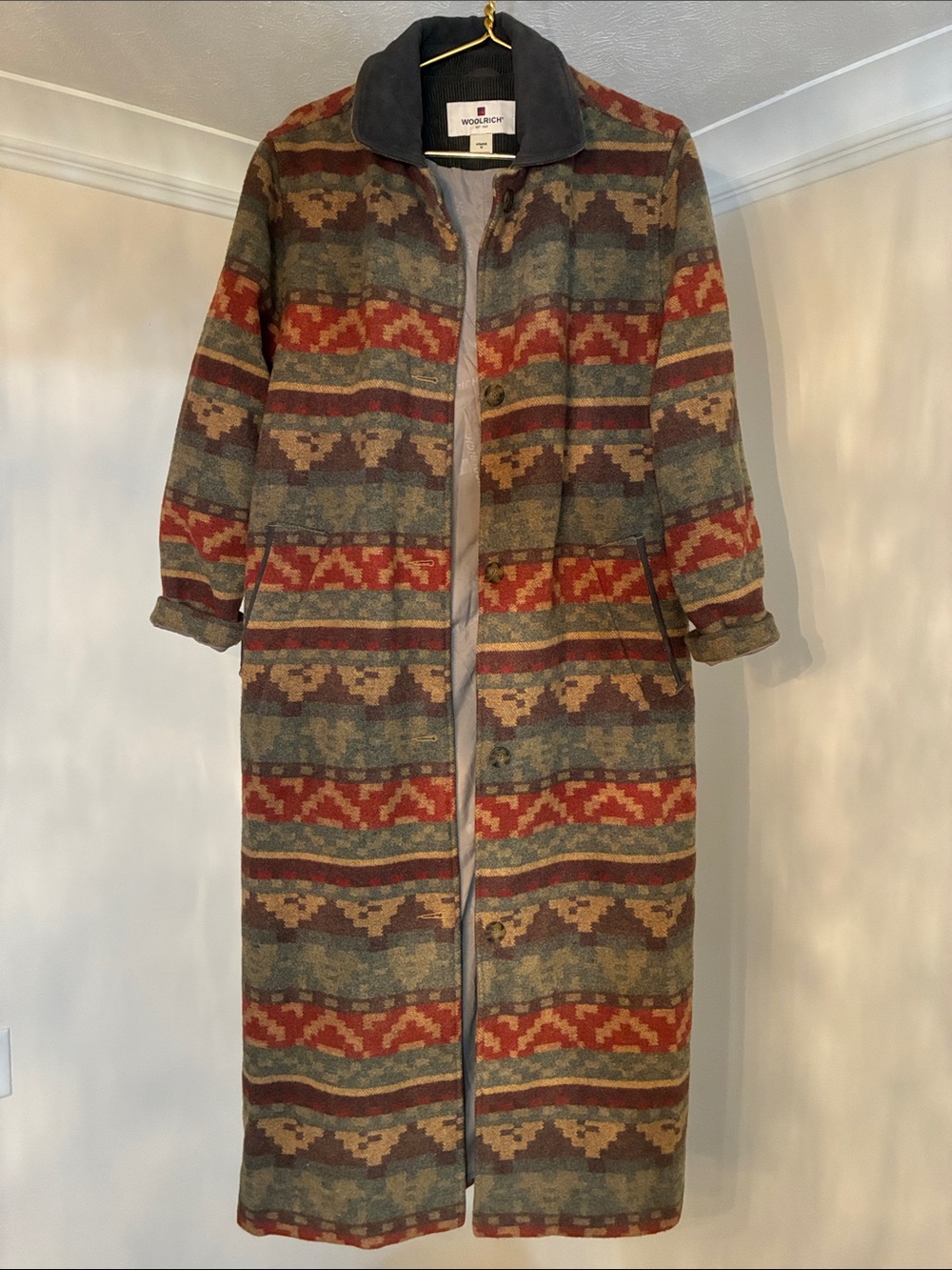 Woolrich Multicolor Southwestern Maxi Coat in Red, Green & Tan